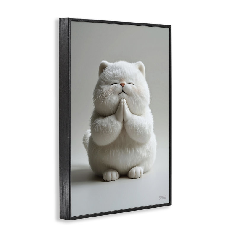 «Fluffy Praying Cat Giclee Art» par Roozbeh Bahramali, H 18 po x l 12 po, Giclée encadrée noir minuit