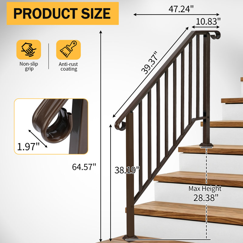 Bronze 3 Step Outdoor Stair Handrail, Heavy-Duty Iron Porch Railing with Curved Ends for Garden, Yard & Hotel Stairs