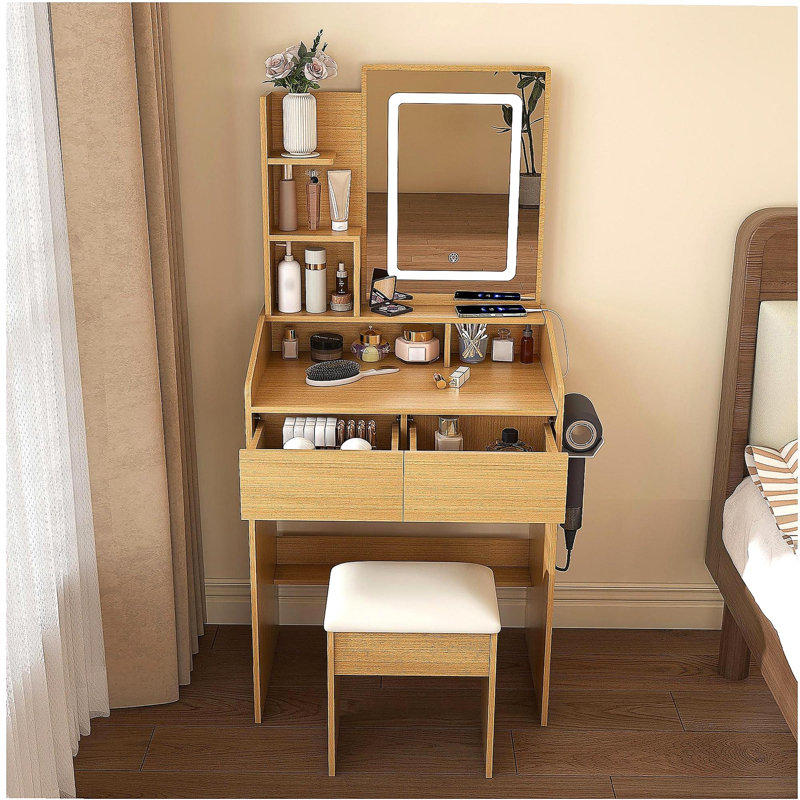 Coiffeuse avec miroir lumineux à DEL, prise de courant, support pour sèche-cheveux et tabouret - Petite commode pour petite chambre à coucher (bois)