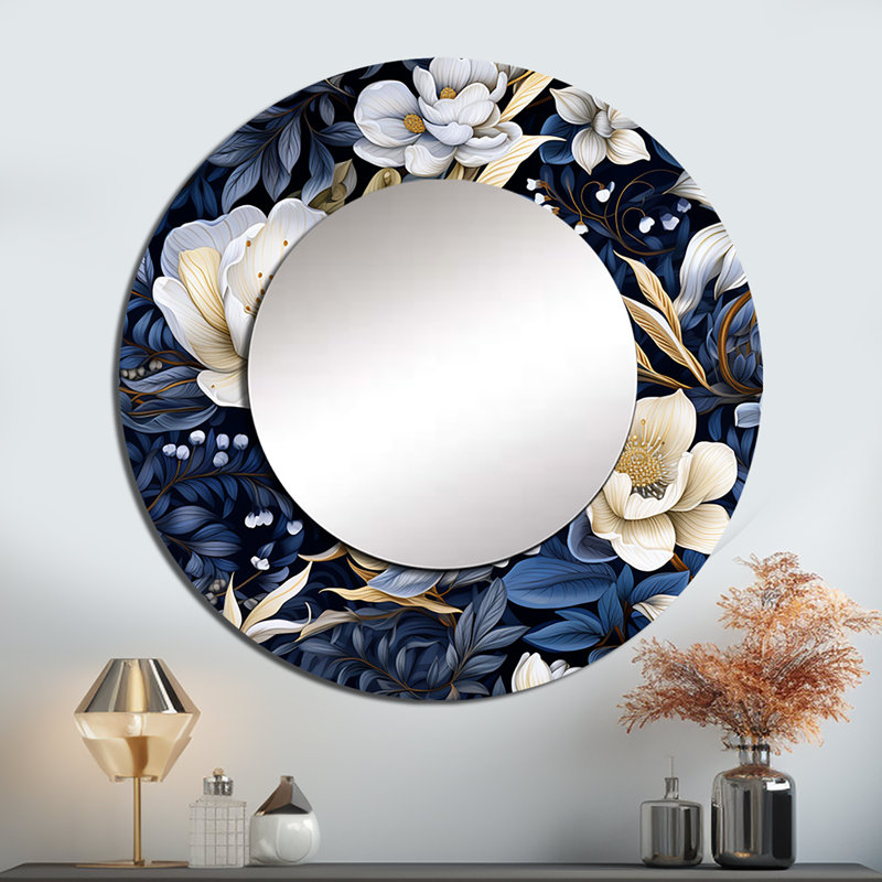 Deep Indigo Moonlit Flowers - botanical  Large Mirror, Blue Round Decorative Wall Mirror, Printed Metal Art, 29" x 29"