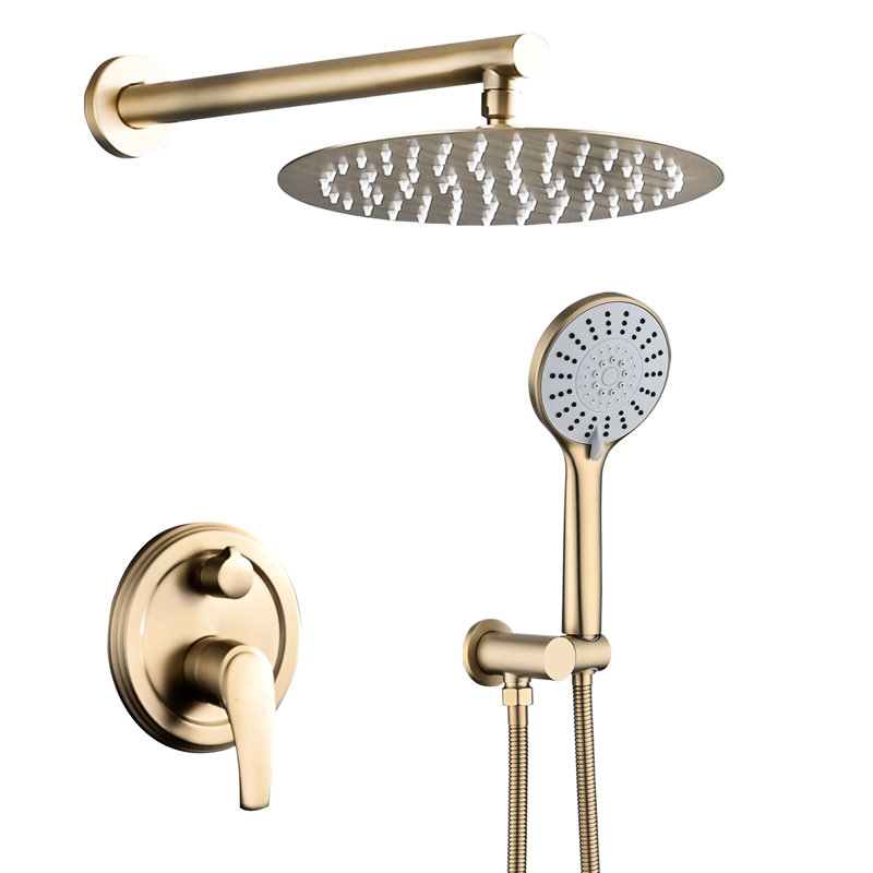 Wall Mounted Shower With 10 Inches, High Rain Head And 5 Handheld, Silver Brass
