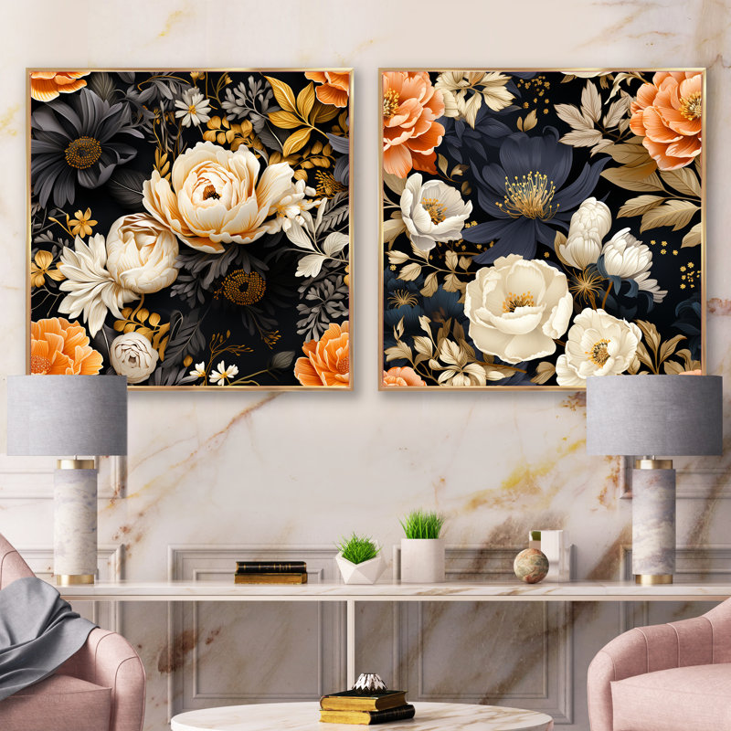 Splendid collage de mosaïques souci - ensemble de collage floral carré de 2, H 16 po x l 33 po, Cadre flottant doré