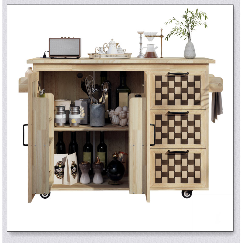 Îlot de cuisine à motif damier tissé 3D 53,2 po avec abattant, îlot de cuisine sur roulettes avec support de rangement interne, prise de courant, chariot de cuisine avec 3 tiroirs et 2 armoires, Nature