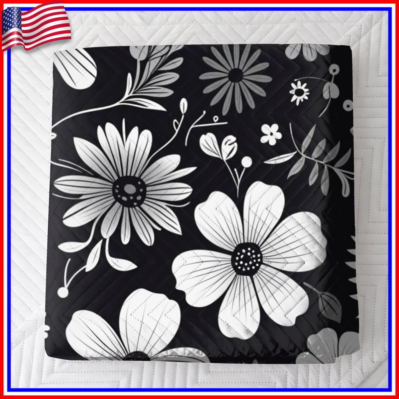 Couvre-lit matelassé à motif floral noir et blanc toutes tailles, Très grand lit