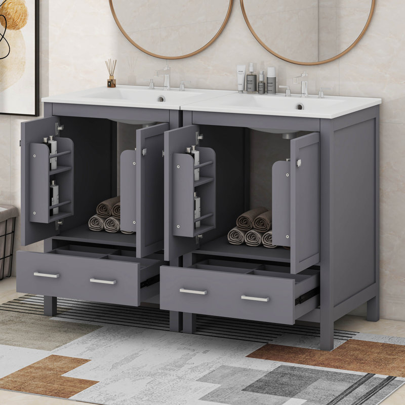 Meuble-lavabo 48 po avec tiroir divisé et tablette de porte double couche, Gris