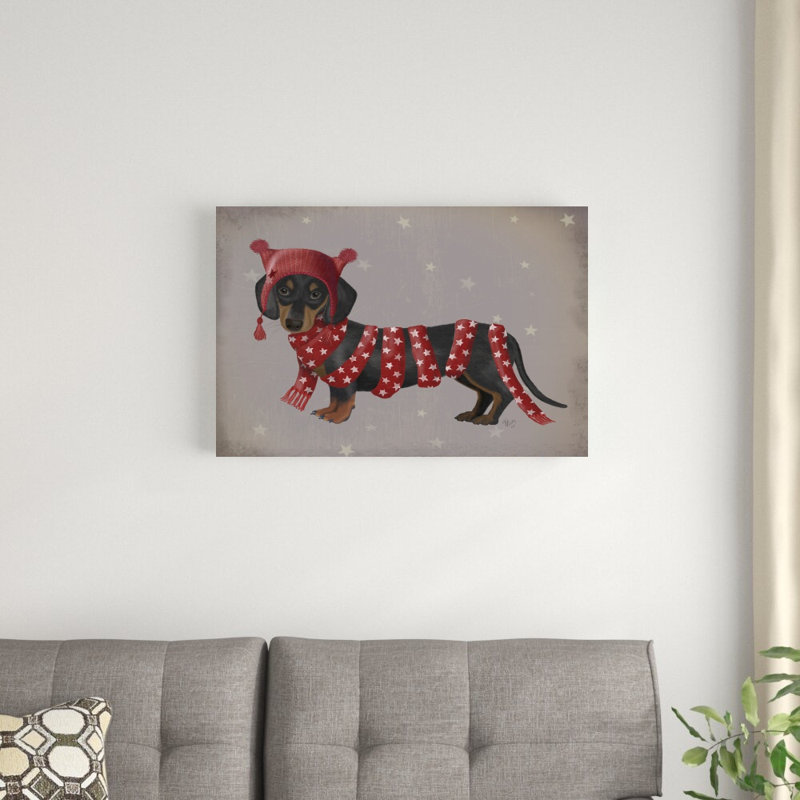 «Dachshund And Long Scarf» par Fab Funky - impression sur toile tendue, H 20 po x l 30 po