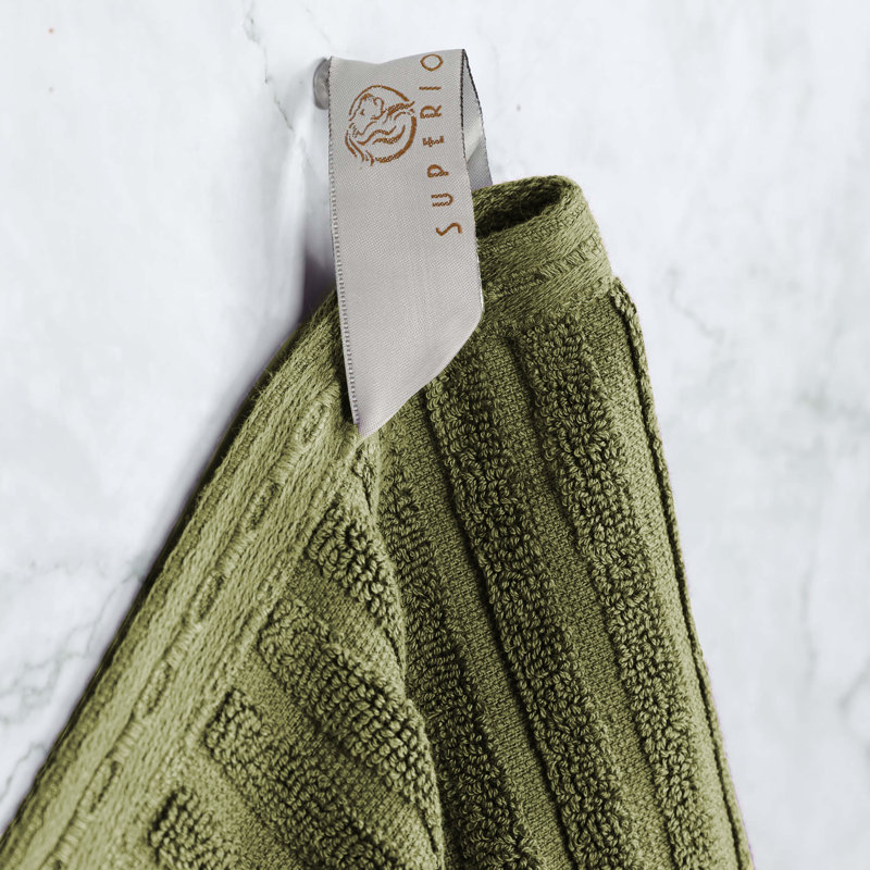 Kaelea Soho Cotton Ribbed Checkered Border Medium Weight 3 Piece Assorted Bathroom Towel Set, Sage Green, 3 Piece Towel set