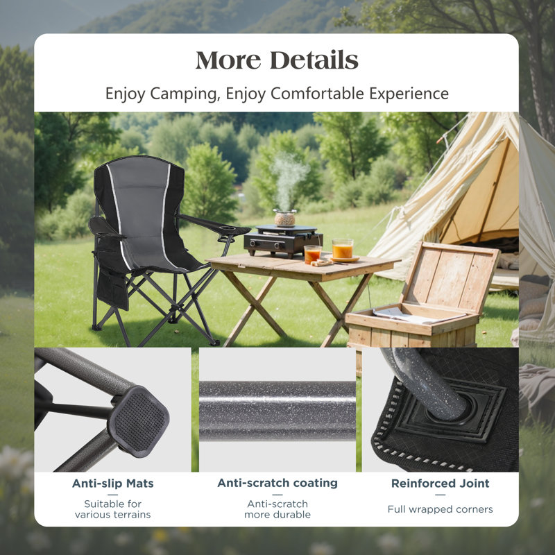 Clarena Black Oversized X-Shaped Reinforced Camping Folding Chair With Padded Back, Gray/Black, Set of 1