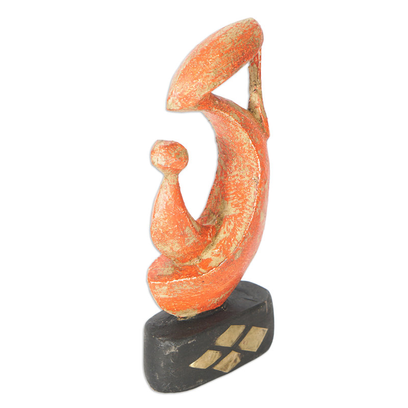 Hand-Painted Orange and Black Wood Sculpture with Brass Accents