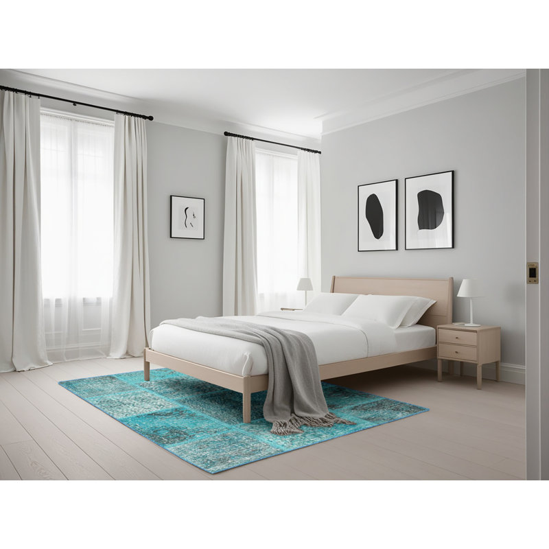 Tapis bleu ciel contemporain/zone blanche Basque, Rectangle 5 pi x 7 pi