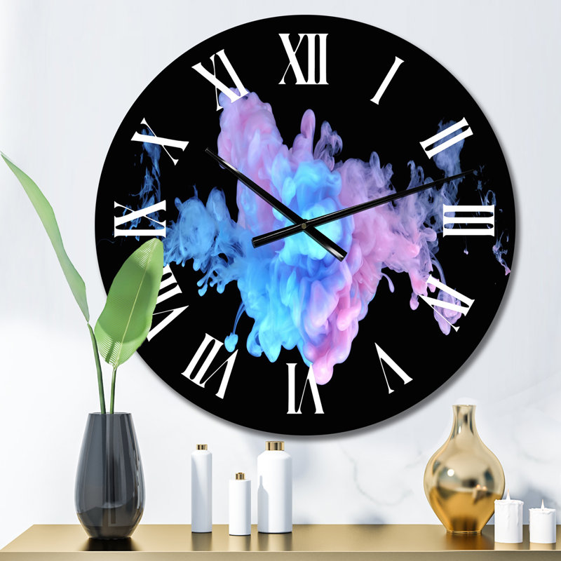 Mauve et bleu nuages d'encre sur fond noir - horloge murale moderne, Petit