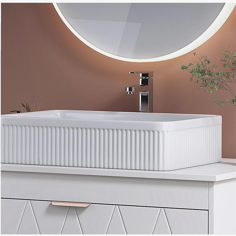 White Rectangular Ceramic Bathroom Vessel Sink with Drain Assembly