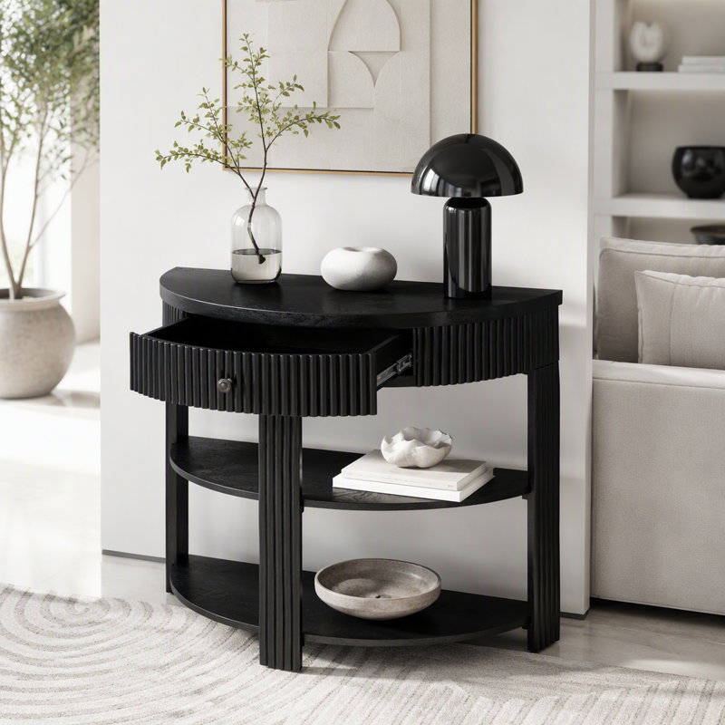 Console cannelée demi-lune avec tiroir et tablettes, Black