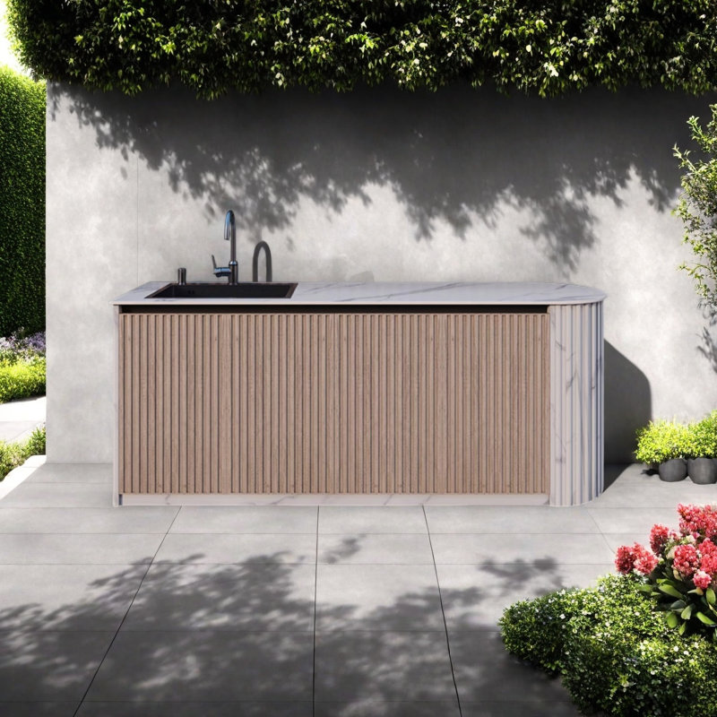 Meuble-lavabo d'extérieur à panneau basculant tout aluminium, Blanc/naturel