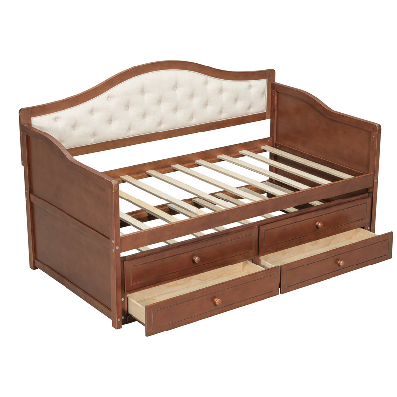 Lit de jour simple avec lit gigogne et 2 tiroirs de rangement, dossier capitonné en noyer pour chambre d'amis