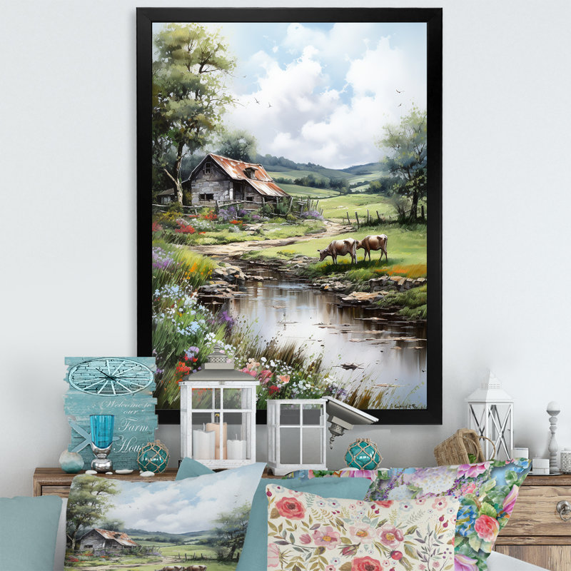 «Relaxing Farm Charm» - Art mural ferme, Cadre simple noir, H 32 po x l 24 po x P 1 po