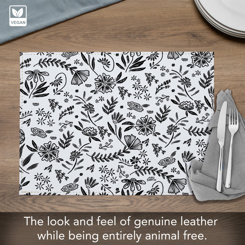 Ensemble de 4 napperons en cuir Vegan, Motif floral noir