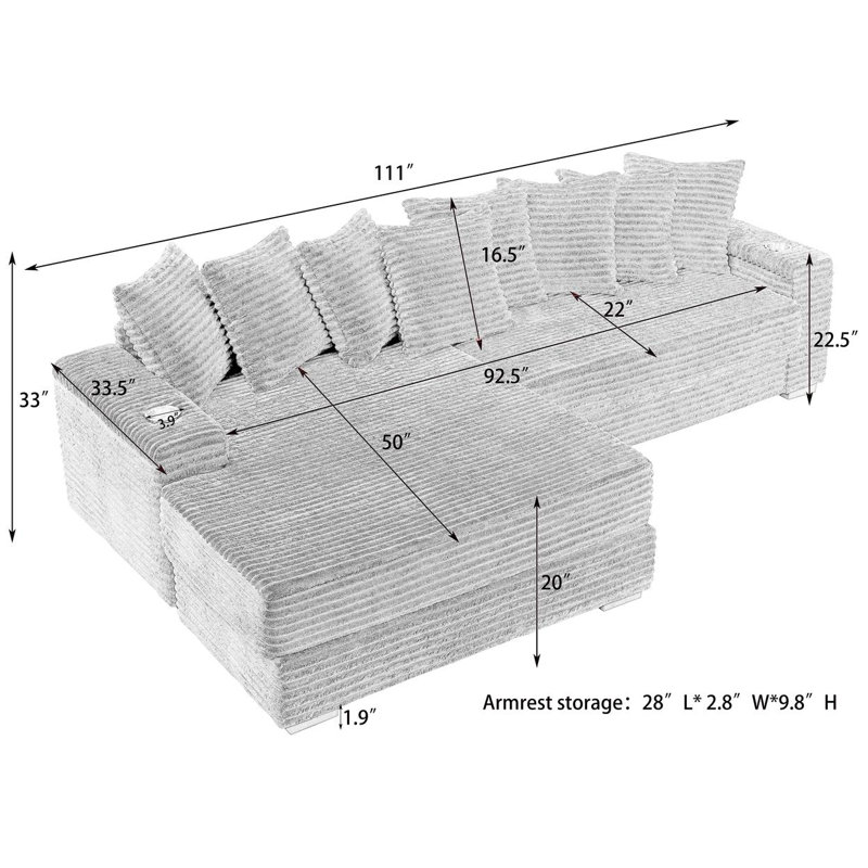 111.4" Sectional with Cupholder, Beige Corduroy