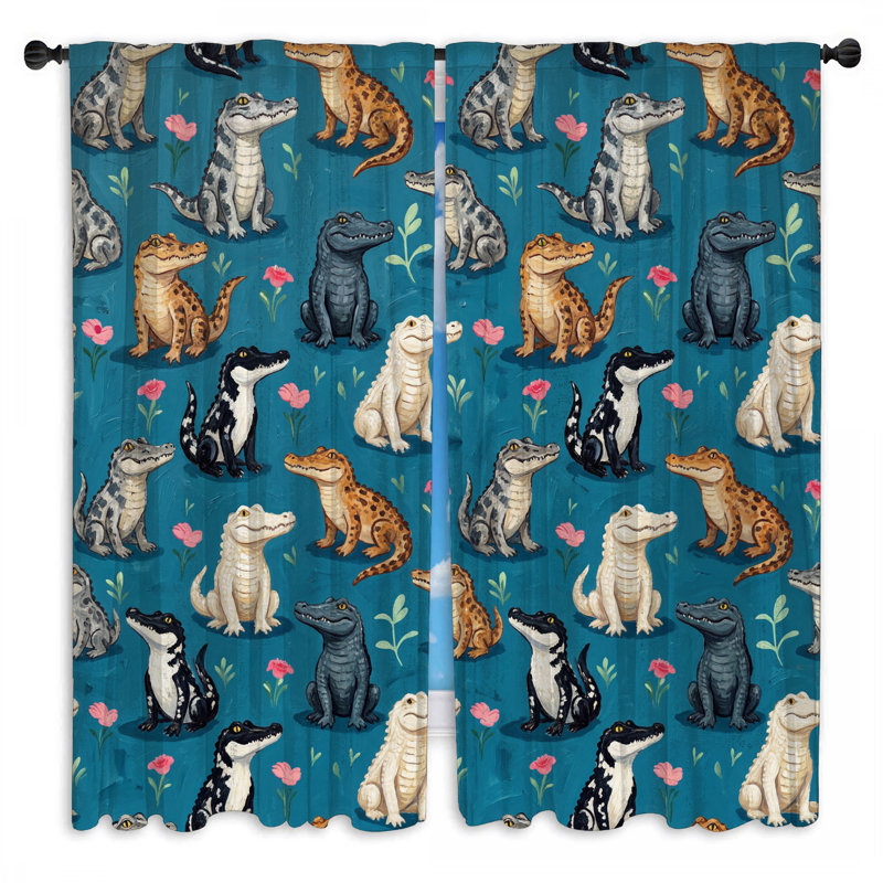 Caricature de crocodile à motif de fleurs d'alligators et rideaux obscurcissant - 2 panneaux, 80in x 82in - 2 panels, Sheer