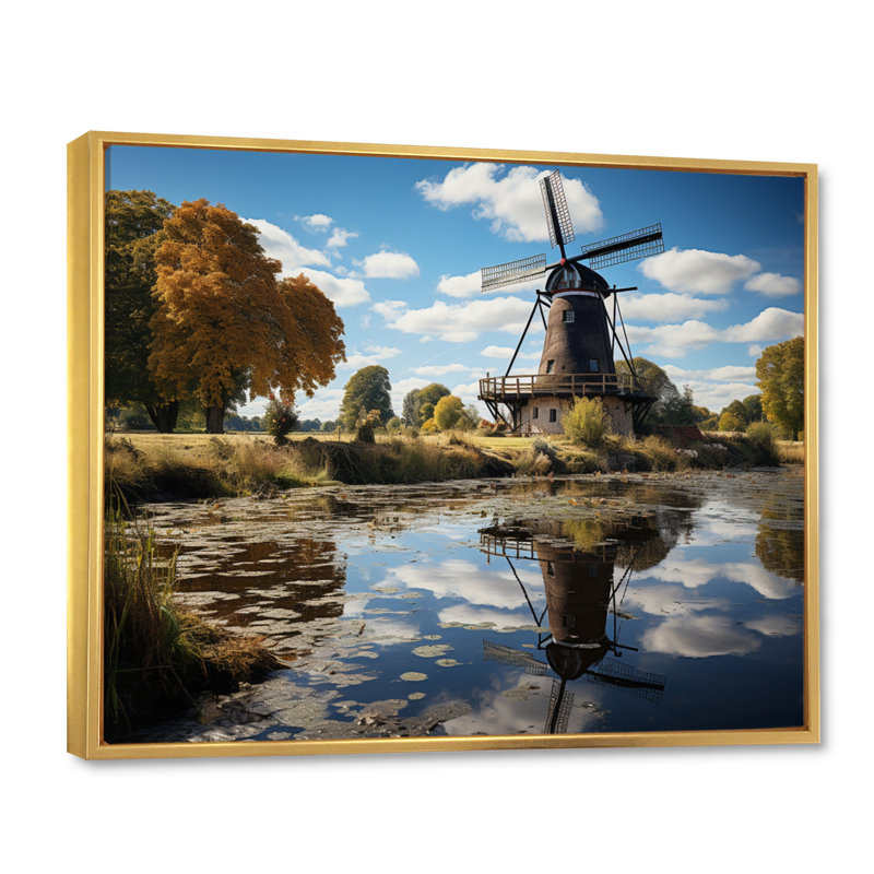 «Holland Windmill Reflections II», reproduction sur toile, H 16 po x l 32 po x P 1 po, Cadre flottant doré