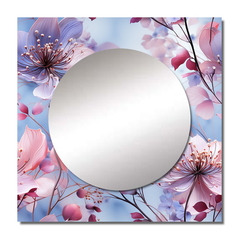 Exquise beauté mauve à motif floral I - Art mural miroir carré floral pour salle de bain, 36 po x 36 po