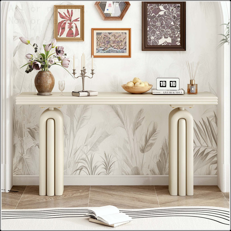 Console chic en placage d'acacia avec silhouette incurvée, Beige