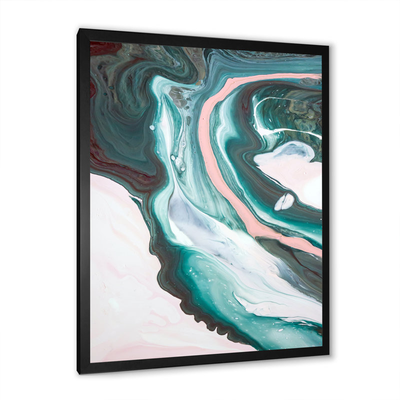 Rose et bleu clair univers de marbre - peinture sur toile, H 32 po x l 24 po, Toile avec cadre de coin noir fermé