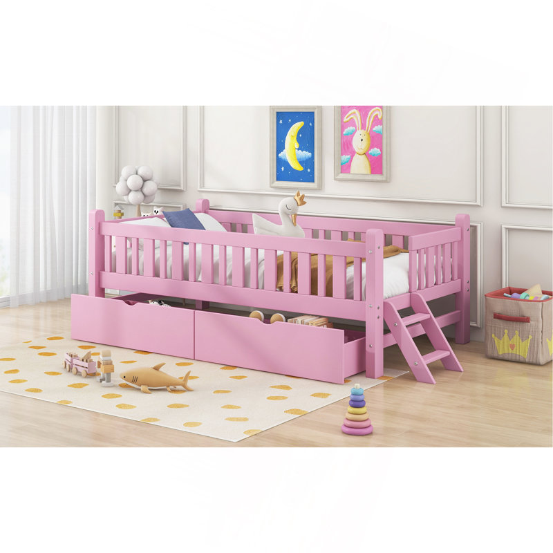Lit plateforme robuste avec garde-corps et plusieurs options de rangement, Rose