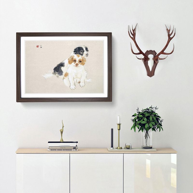 Two Puppies by Takeuchi Seiho - Picture Frame Painting Print, 27cm H x 36cm W x 2cm D, Walnut Framed