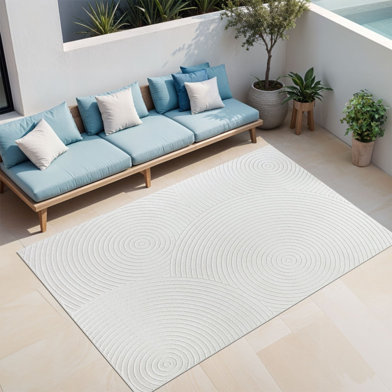 White Modern Outdoor Rug, Geometric Stain Resistant Easy to Clean Rug For Patio, Balcony, Decks & Garden