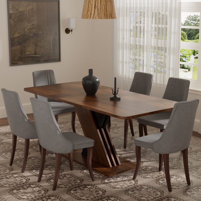 Ensemble de salle à manger rectangulaire à piédestal avec tissu en rayonne, 5, Gris, Brun