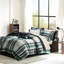 Collection d'édredon pour lit simple et de draps 7 pièces, bleu sarcelle / noir, microfibre, motif à carreaux sur taies décoratives, draps, arrangement classique-120478904