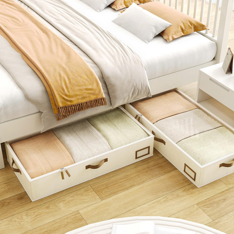 2-Pack Large Foldable Clothes Storage Boxes With Handles And Lids, Beige