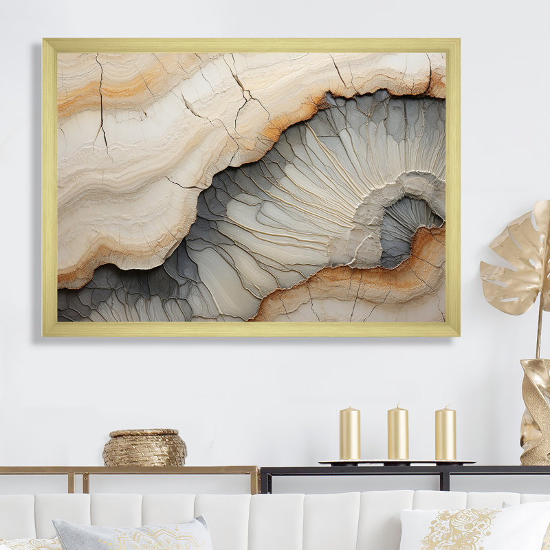 Pierre de minimalisme beige et orange Geode II sur toile, H 34 po x l 44 po x P 1,5 po, Cadre doré simple