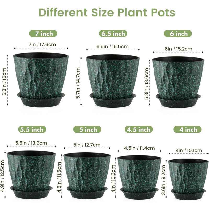 Ensemble de pots à plante en plastique noirs et mouchetés verts de 7 (7 / 6,5 / 6 / 5,5 / 5 / 4,5 / 4 pouces)