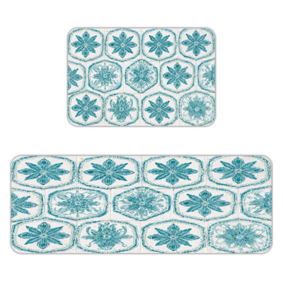 Tapis de cuisine antidérapant à motif floral bleu sarcelle, 2 pièces