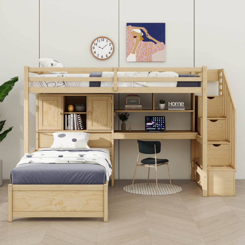 Karanfila Twin Over Twin Loft Bed With Built-In Desk And Staircase, With Storage Compartments And Shelves, Natural 1