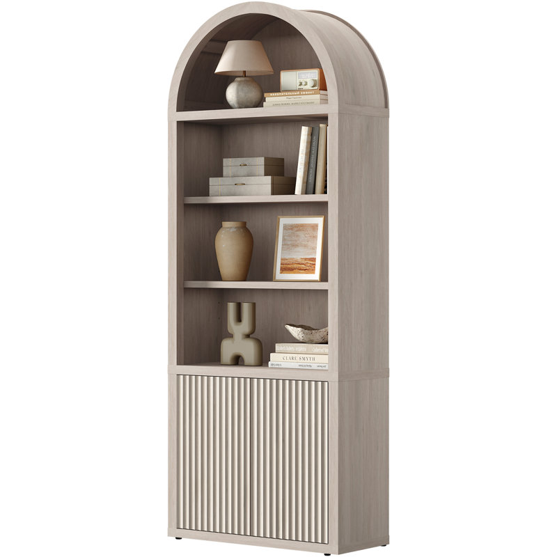 Bibliothèque Cesiro à 5 niveaux avec 2 portes cannelées et tablettes réglables, Aulne blanc, 1