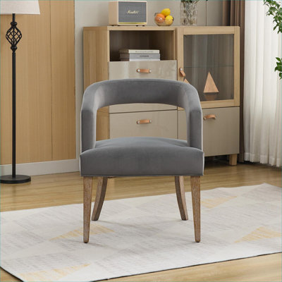 Chaise d'appoint rembourrée en tonneau de 25,79 po de large avec pieds en bois massif patiné pour salle à manger, club, cuisine et salon. Velours gris