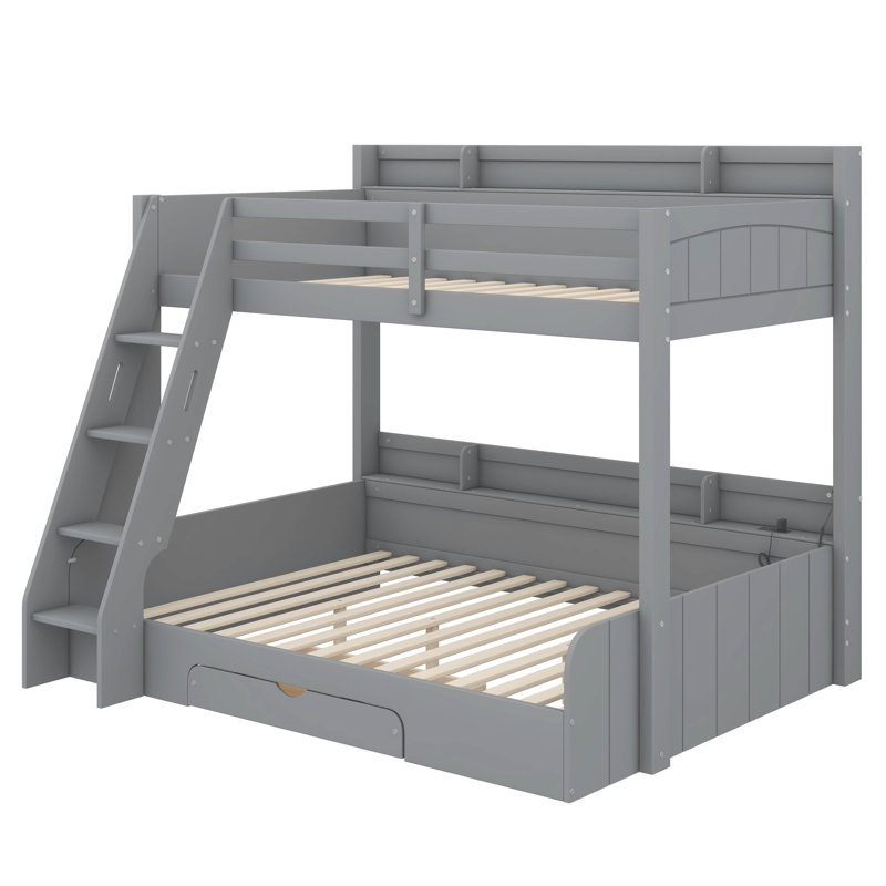 Lit superposé simple et double avec supports de rangement, éclairage à DEL et tiroir coulissant pratique, Gris