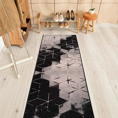 Custom Length Runner Rug And Stair Runner 26'' Wide Choose Your Length Cubes Abstract Design Black Colour