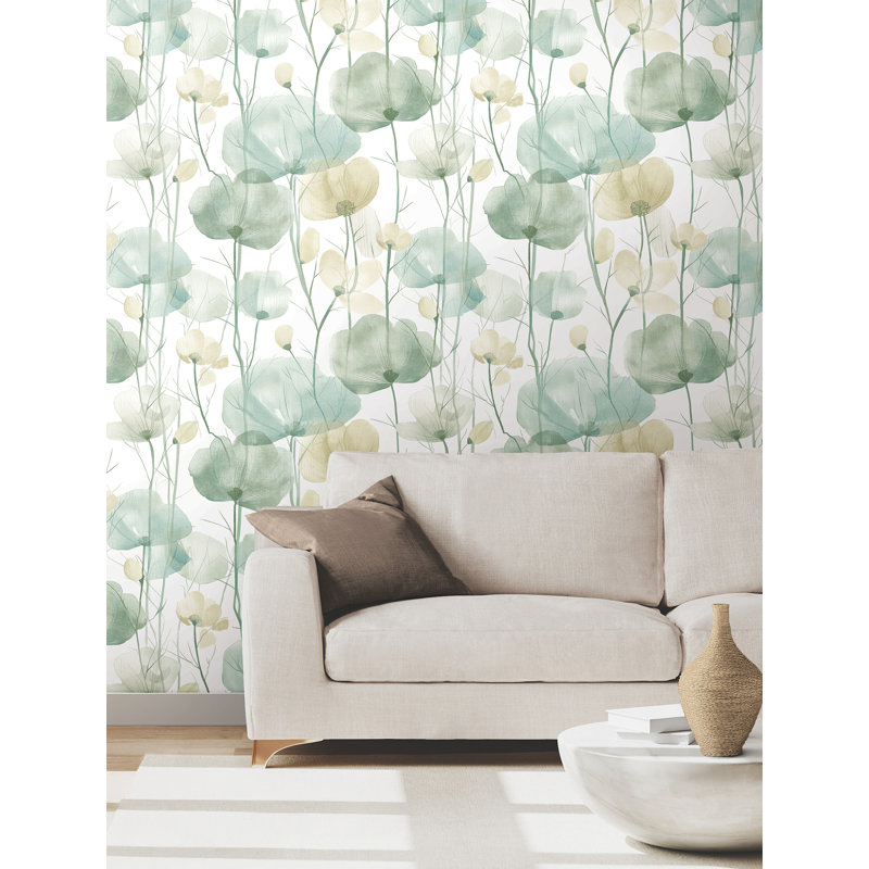 Papier peint floral Cotswolds Poppies Turquoise, Vert