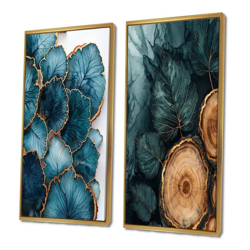 Agate, rivière de feuilles, glissade sur bois I - collection d'art mural floral 2 panneaux, H 32 po x l 33 po