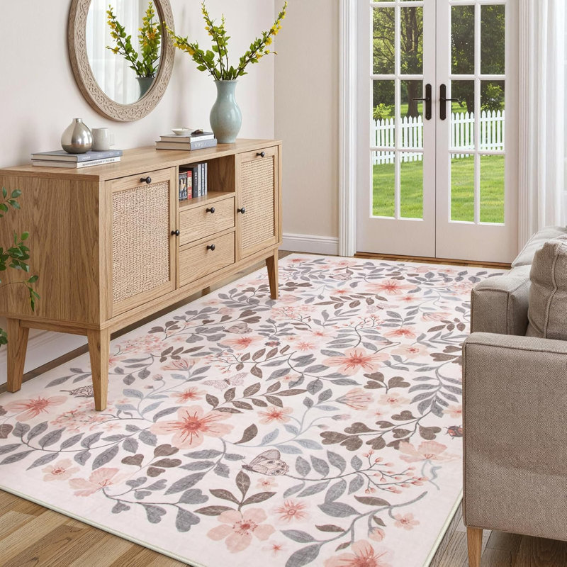  Floral Washable Area Rug Non-Slip Stain Resistant Low-Pile Boho Large Indoor Throw Carpet, Beige/Pink, Rectangle 5' x 7'