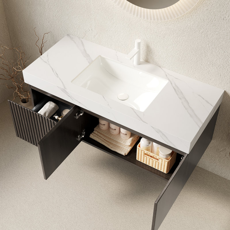 Ensemble de meuble-lavabo 48 po avec lavabo en contreplaqué flottant avec tiroir et portes, comptoir en pierre frittée blanc Carrara