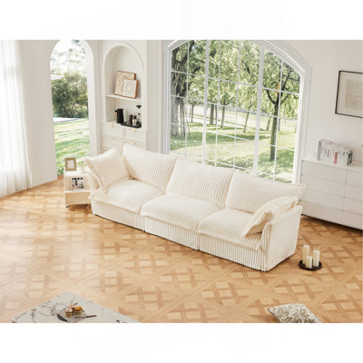 Slipcovered Sofa Couch, Modern 3 Seater Sofa With Suppleness Armrests,Deep Seat Sofa With Soft Multiple Big Pillows, Comfy Couch For Living Room, Apartment,Cream Corduroy Fabric