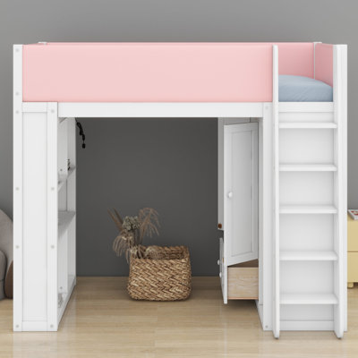 Lit mezzanine avec garde-robe, tiroirs, tablettes à DEL d'ambiance et garde-corps rembourrés pour les chambres organisées