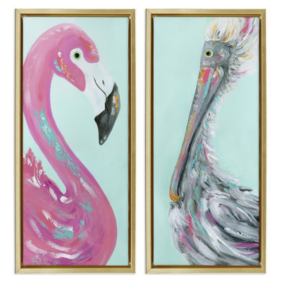 Odd Flamingo Pelican Profile 2 PC Brown Framed Floater Canvas Set by Estelle Grengs