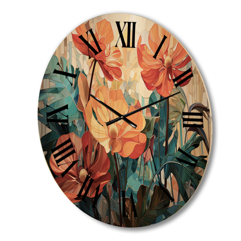 Horloge murale tropicale tropicale orange et vert feuillage II, Grand