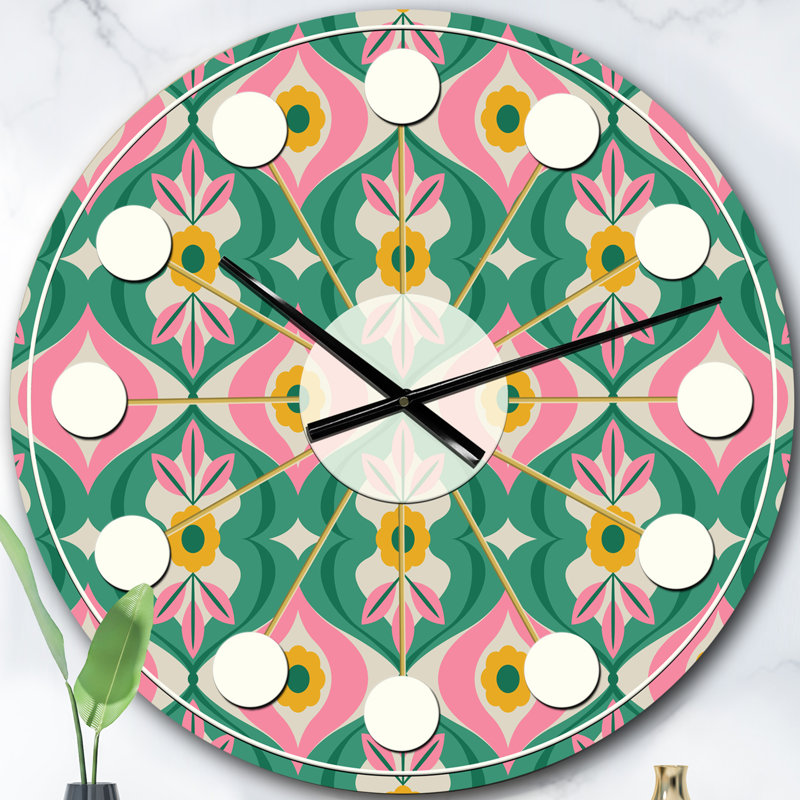 motif rétro avec fleurs et feuilles - horloge murale moderne Mid-Century, Surdimensionné